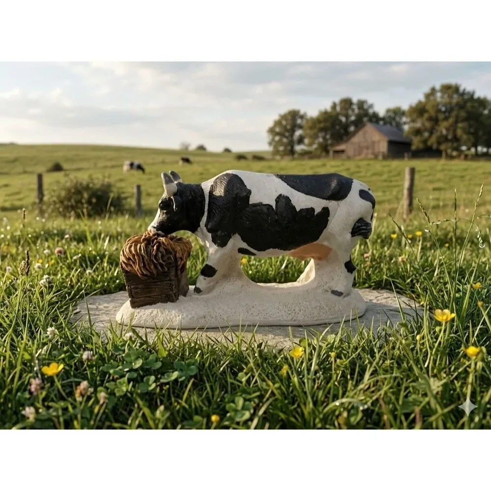 Vintage Holstein Cow Figurine Resin Miniature with Hay Trough Farmhouse Decor